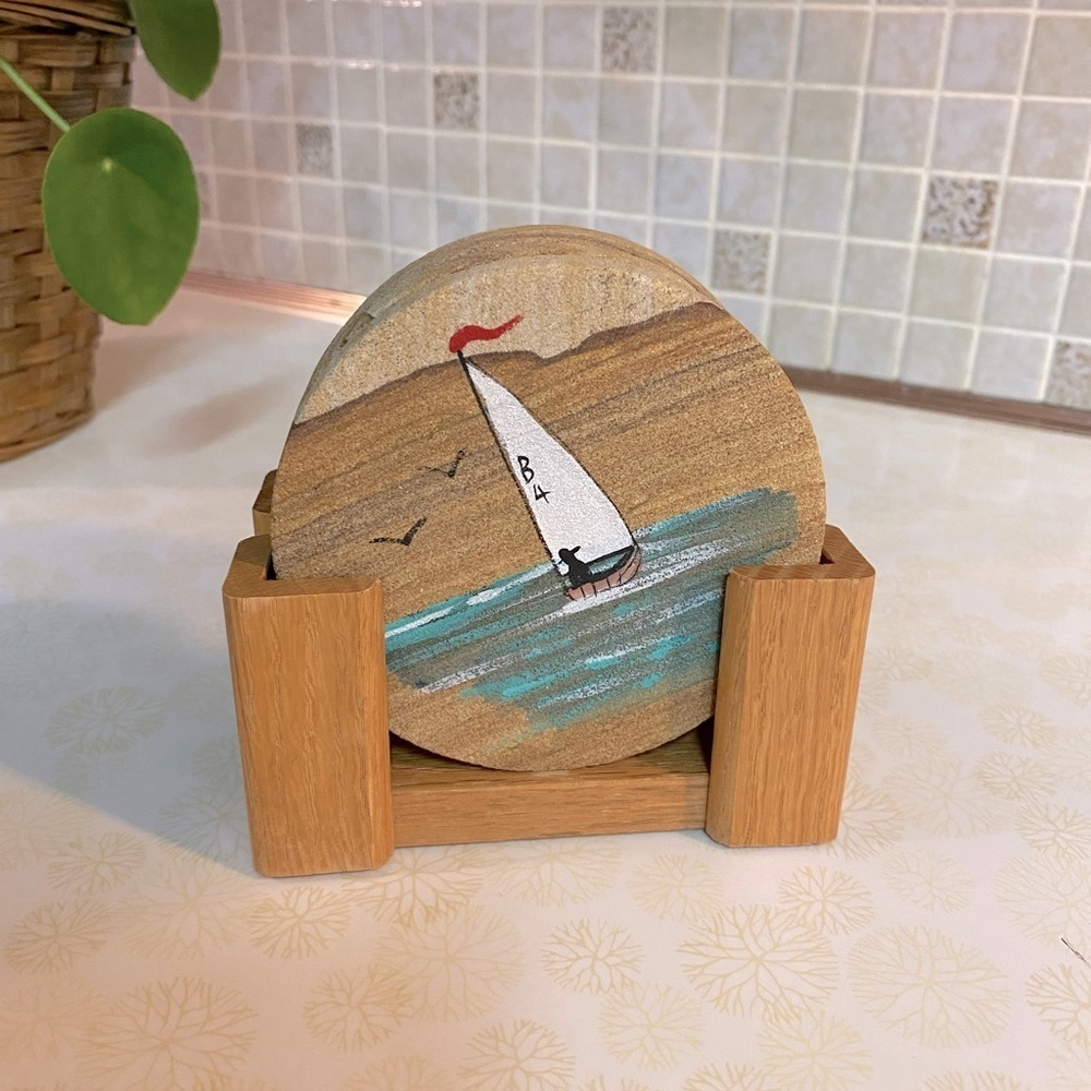 Vintage Coaster set hand painted Sail boats set of 4 with stand